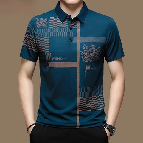 Men's Polo Shirt Business Casual Summer Short Sleeves Tops Pattern Print Button T Shirt Loose Clothes Fashion Polo T Shirt