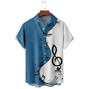 Men's Short Sleeve Shirt Summer Music Patchwork Print Casual Shirts Button Turn Down Collar Chic Hawaiian Beach Shirts Man Top