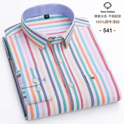S~6XL Cotton Oxford Shirt For Mens Long Sleeve Plaid Striped Casual Shirts Male Pocket Regular-Fit Button-Down Work Man Shirt